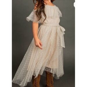 Joyfolie Lauryn Dress in Sand Girls Size 12 Tulle Polka Dot Ruffle High Low NWT‎